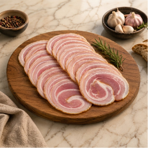 Pancetta redonda defumada fatiada Berk Charcutaria